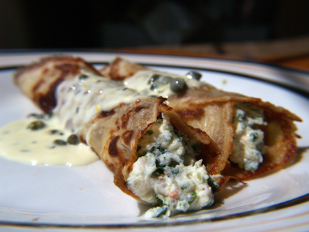Spinach, Onion and Sun-Dried Tomato Crepes with a Lemon Cream Caper Sauce